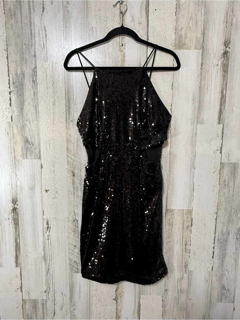 Black Sequin Halter Mini Dress with Cutout Sides